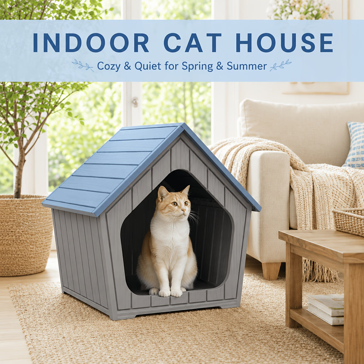 Resin Cat House with Raised Floor and Roof, XL Listed Pet Hideaway for Indoor and Sheltered Outdoor Rest, Blue or Light Brown, Assembly Required