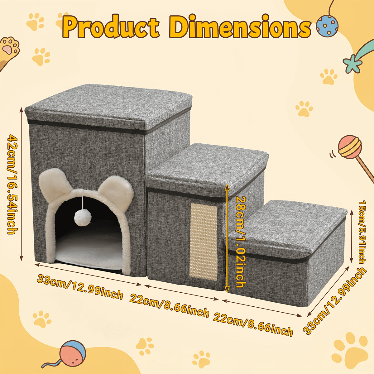 Pet Stairs with Storage for Bed and Sofa, Soft Cushioned Non-Slip Dog and Cat Steps in 2, 3 or 4 Tiers with Side Pocket or Grab Bar Style Options