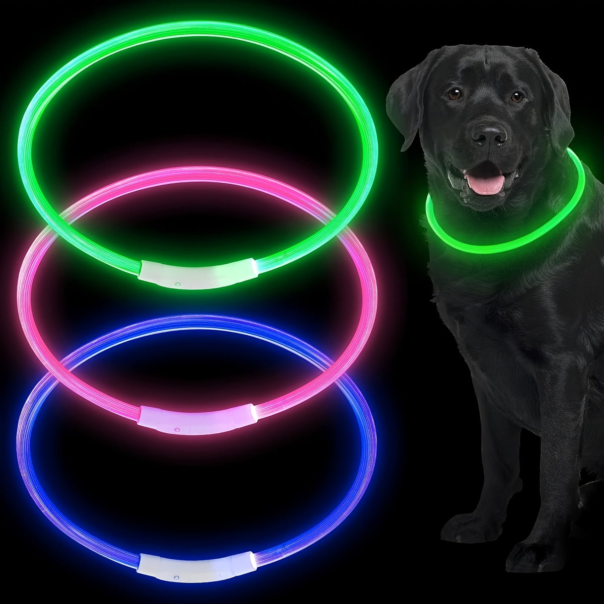 Rechargeable LED Dog Collar with Cut-to-Fit Glow Tube, 3-Mode Light Up Neck Ring for Night Walking and Running, Single and Multi-Pack Color Options
