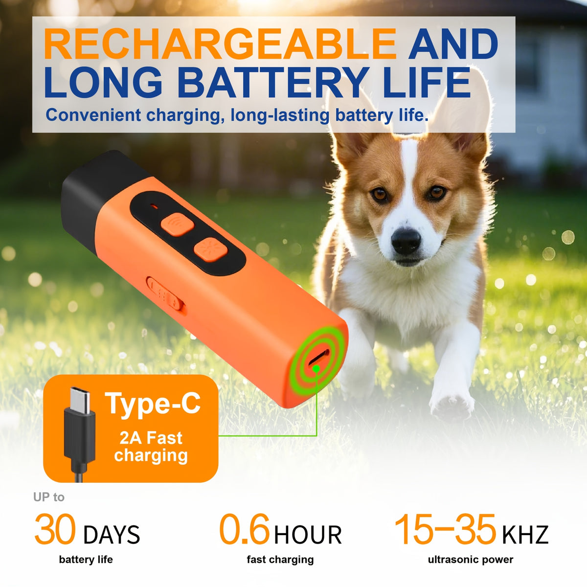 Rechargeable Ultrasonic Dog Bark Deterrent Device with LED Flashlight, Listed 30ft Range and Steady or Flashing Light Modes, Orange Training Tool