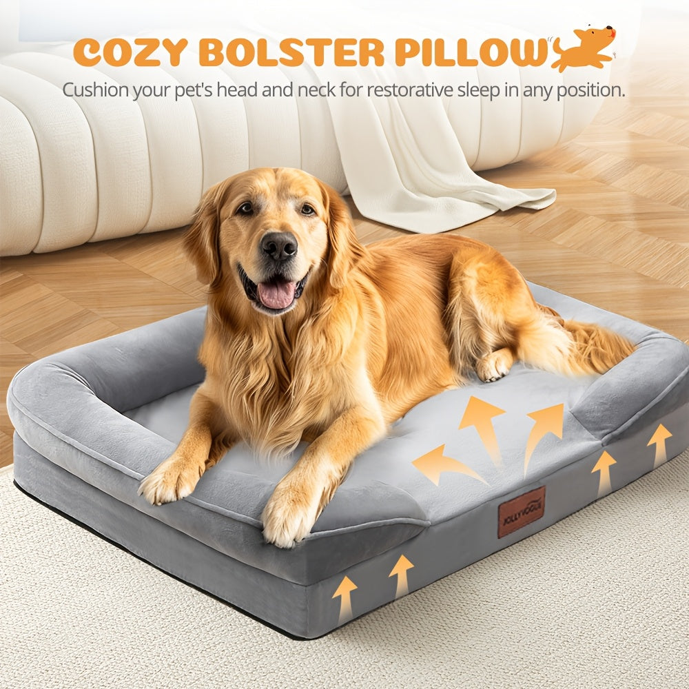 Four-Sided Bolster Dog Bed with Egg-Crate Foam, Grey Flannel Pet Sofa with Removable Washable Cover, Lowered Entry and Non-Skid Bottom, M to XXL