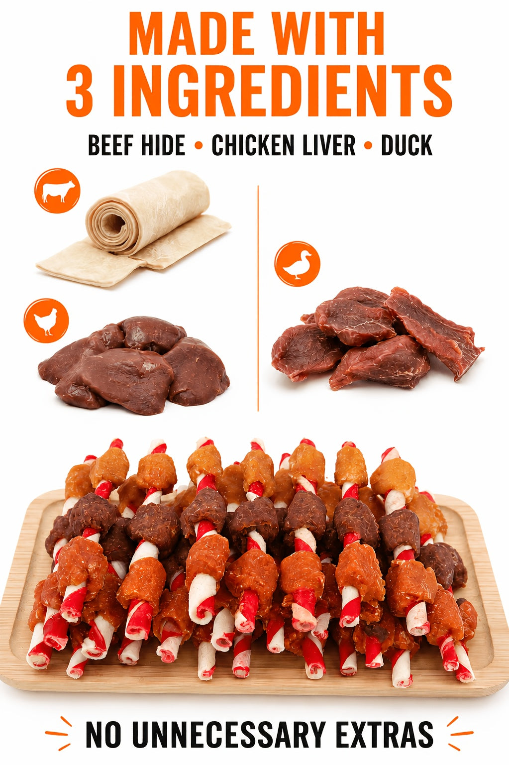 Kabob Dog Chew Treats with Chicken Liver and Duck, Skewer-Style Dog Snacks in 100g or 150g Packs for Supervised Chewing and Everyday Rewards