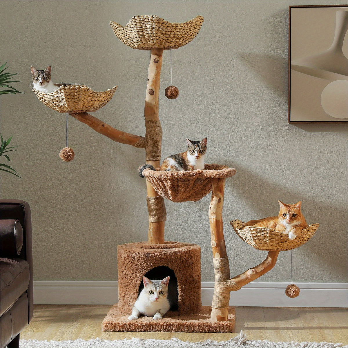 Flower Cat Tree with Floral Perches and Scratching Posts, Wooden Bohemian Indoor Cat Tower Furniture in White and Brown Style Options