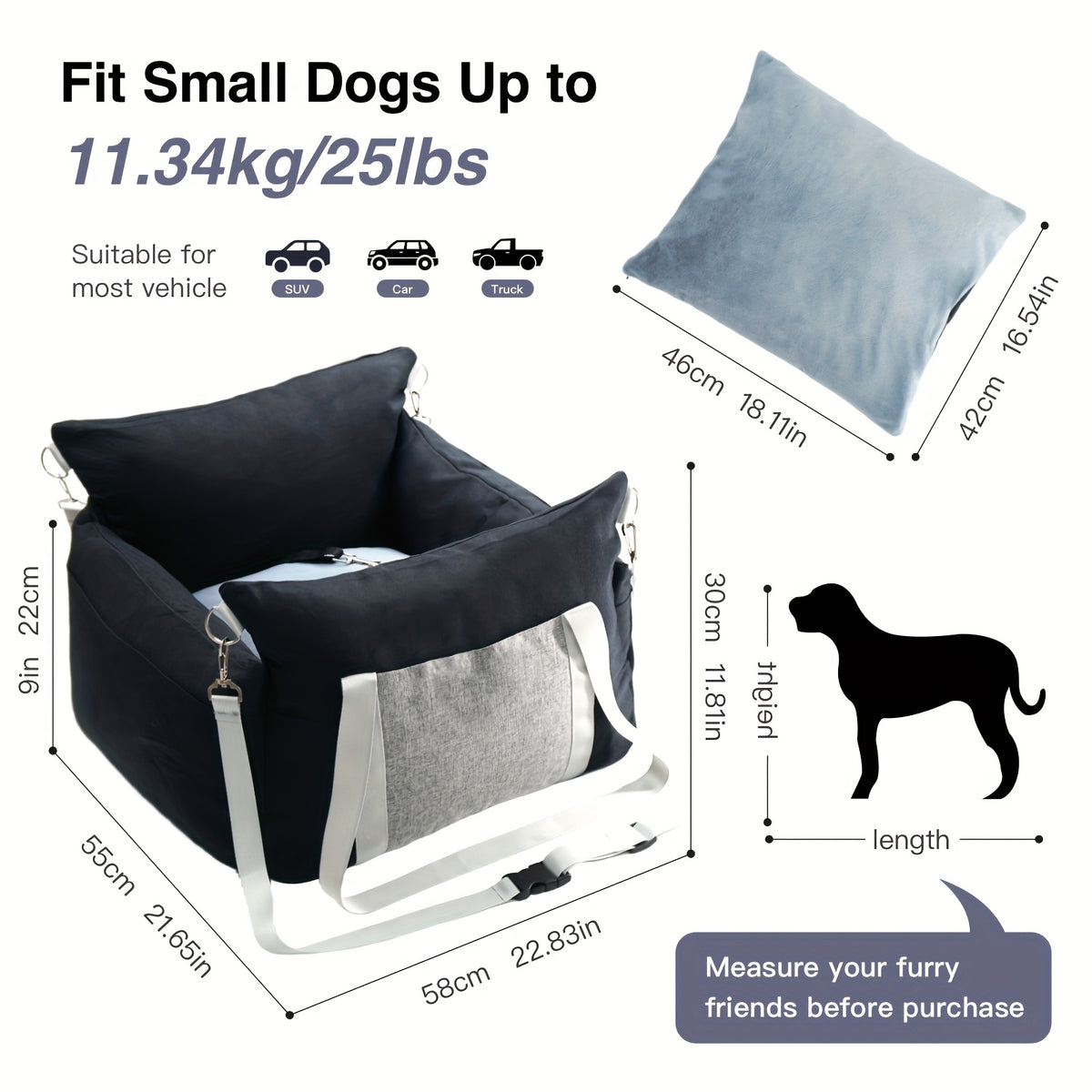 Dog Car Seat Carrier with Handheld and Shoulder Carry Options, Travel Booster Bag for Dogs and Cats with Listed Harness, Seven Color and Style Choices