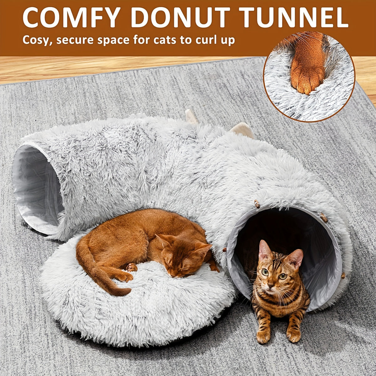 Cat Tunnel with Bed and Pet Scarf, Soft Plush Donut Hideaway with Peekaboo Opening for Indoor Cat Play and Rest, Four Color Options and Holiday Gift Idea