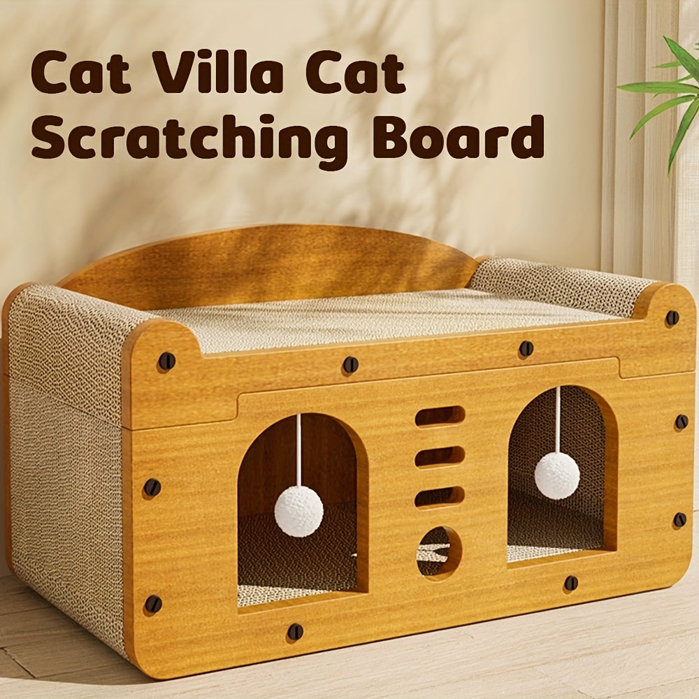 Three-Level Cat House with Dual Scratching Boards, Plush Balls and Ventilation Doors, Multi-Feature Cat Condo for Resting, Scratching and Play