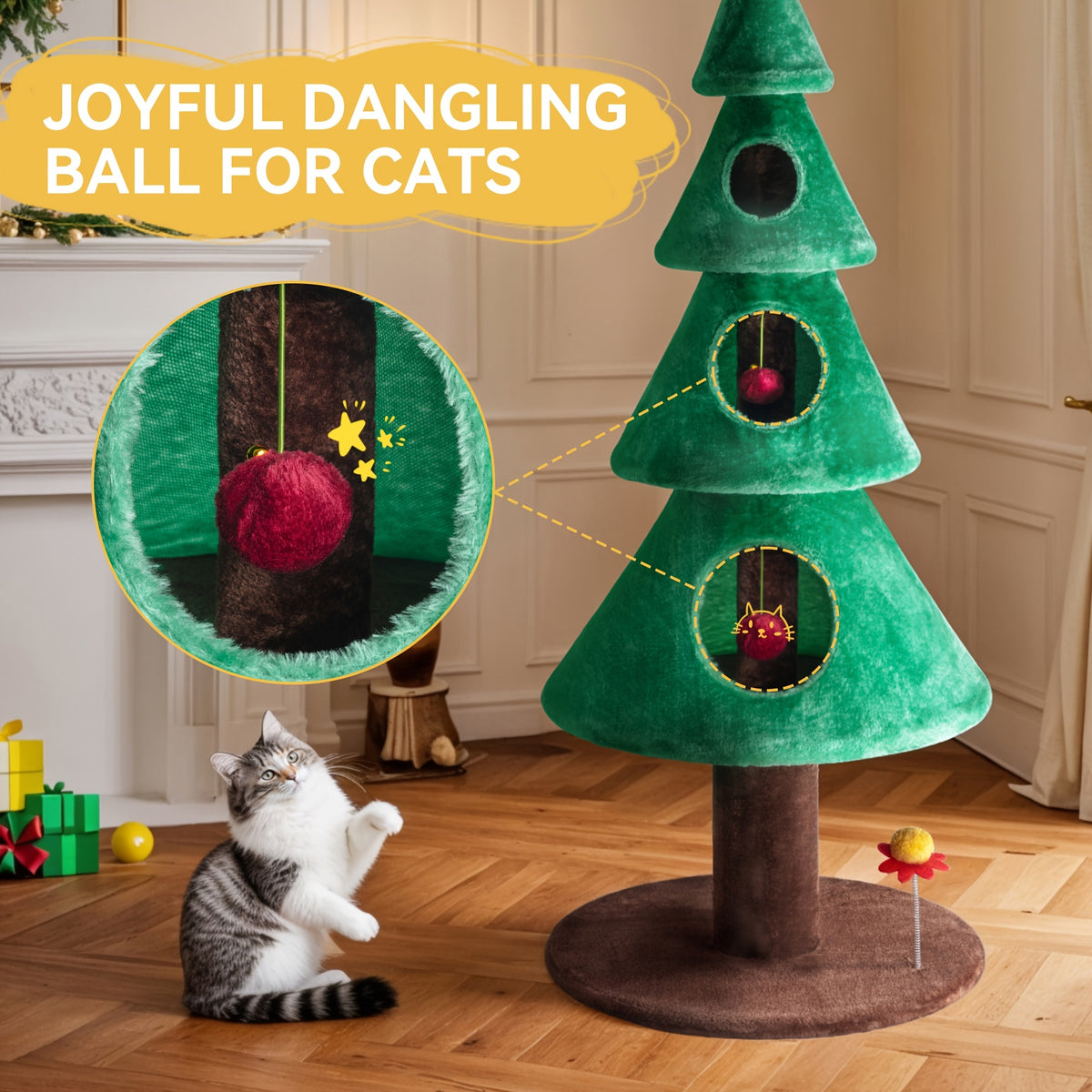Christmas Cat Tower 63 Inch, Green and Brown Indoor Kitten Condo with Soft Ball Toys and Sturdy Base, Holiday Cat Furniture for Play and Rest
