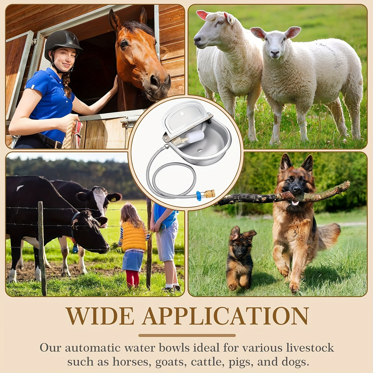 Automatic Livestock Water Bowl 3L, 304 Stainless Steel Drinking Waterer Kit with Pipe, Valve and Quick Connector for Cattle, Horses, Goats and Pigs