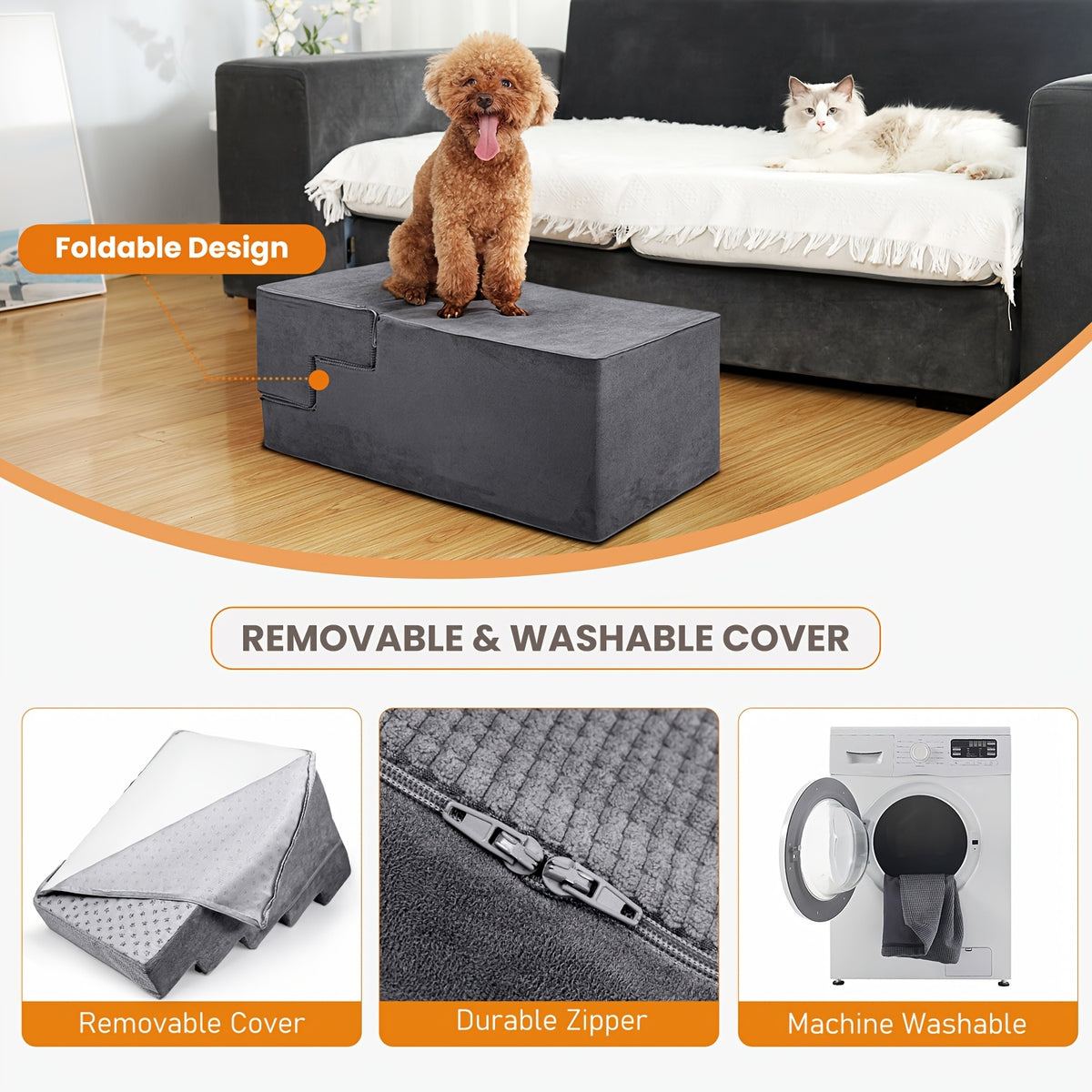 High Density Foam Dog Stairs, Gray 4-Step Pet Steps with Non-Slip Bottom for Small Dogs and Cats to Access Beds, Couches and Sofas