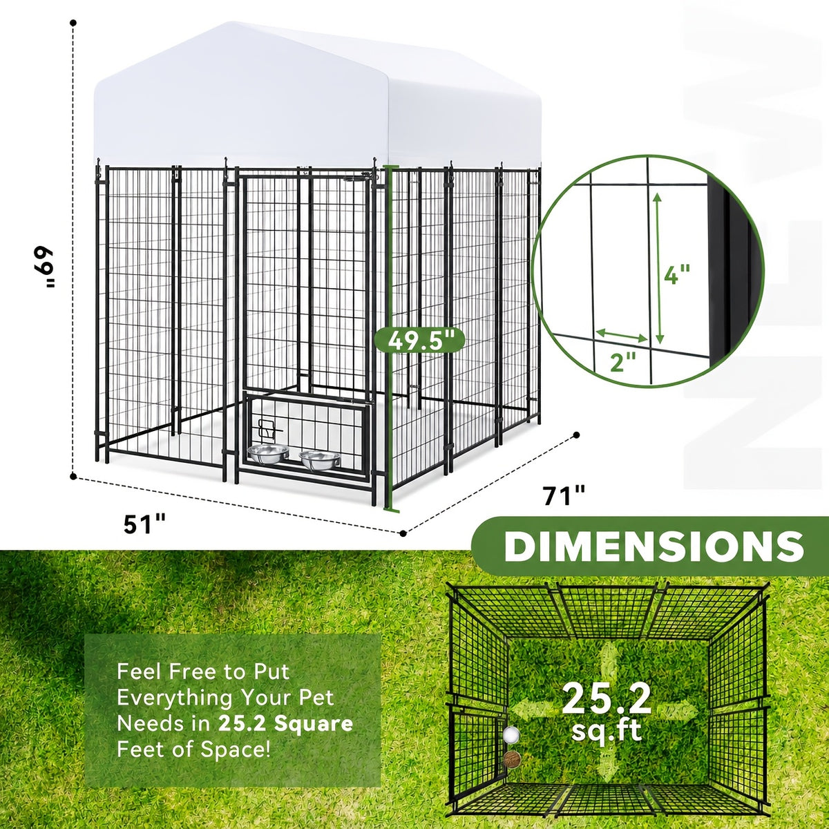 Dog Kennel with Silver Canopy and 2 Rotating Bowls, Welded Steel Outdoor Dog Pen with Lockable Gate, 51-Inch Width and Three Length Options