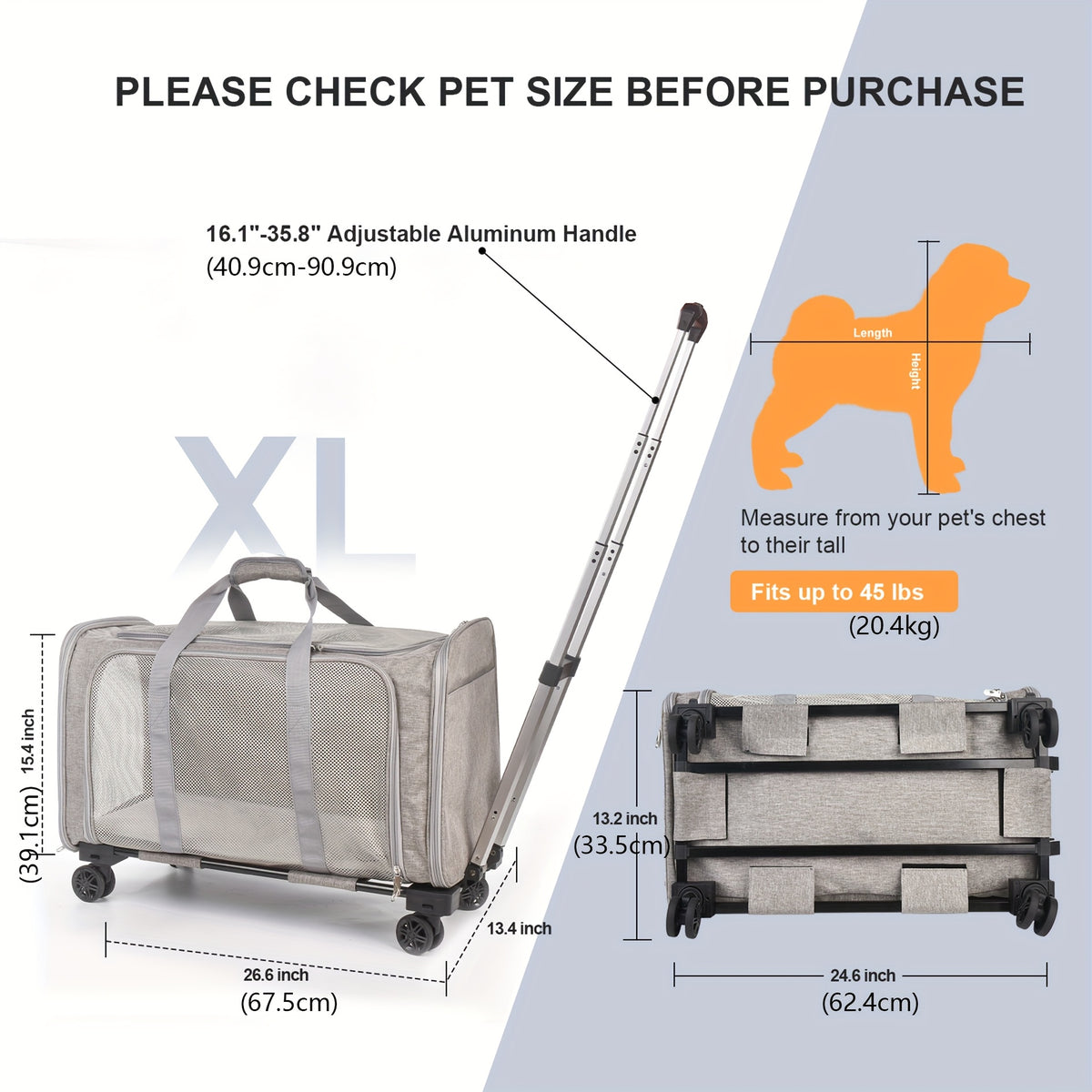 Pet Travel Carrier with Detachable Wheels, Retractable Pull Handle and Breathable Mesh, Soft-Sided Cat and Dog Bag for Vet Visits and Trips
