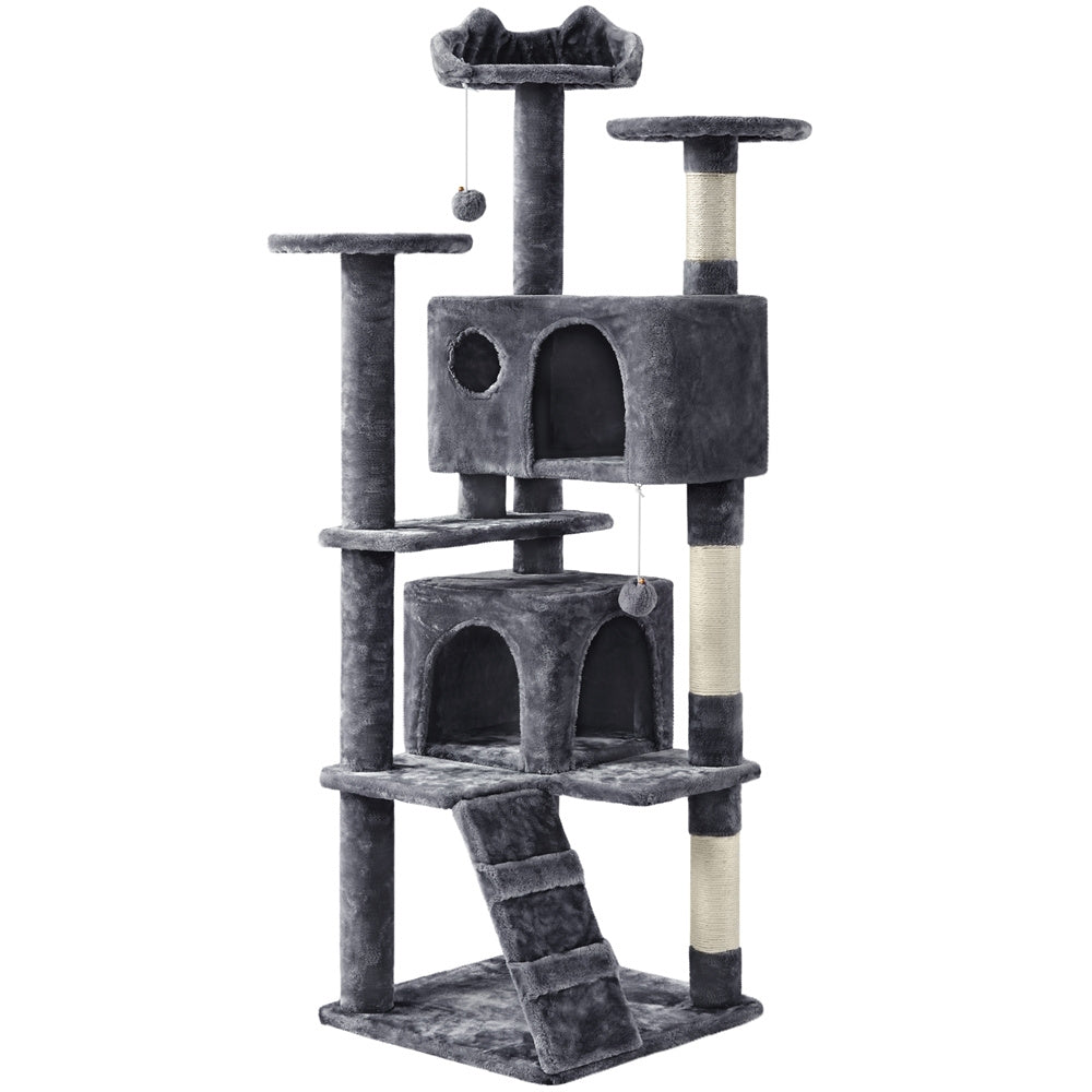 Cat Tree with Twin Hideaways, 54 or 62 Inch Dark Gray Indoor Cat Tower with Two Condos, Three Scratching Posts and Dangling Balls for Play and Rest