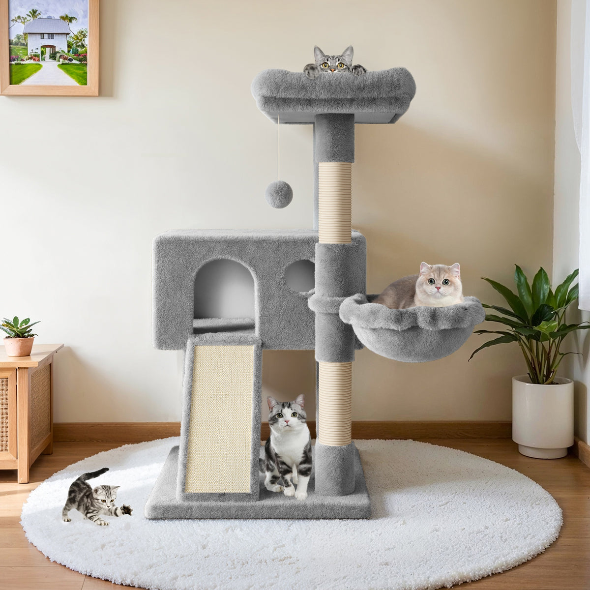 Cat Tree with Sisal Scratching Board, 36 Inch Multi-Level Indoor Cat Condo with Cozy Hammock, Padded Plush Perch and Scratching Posts for Kittens