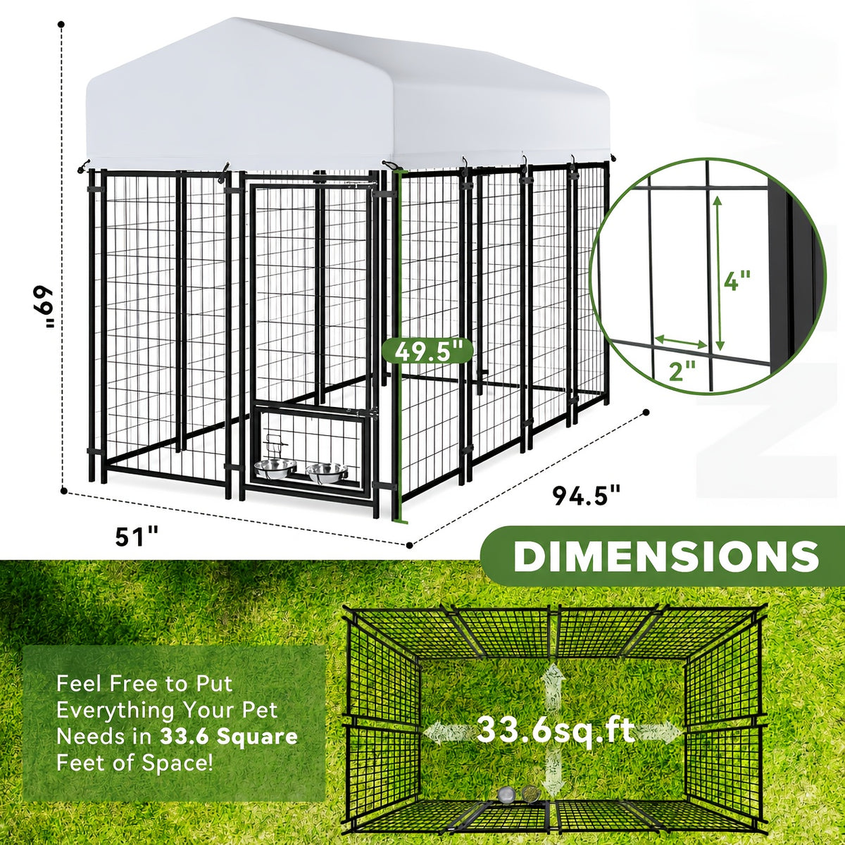 Covered Outdoor Dog Kennel with 2 Rotating Bowls, Welded Steel Wire Dog Pen with Lockable Gate, 69-Inch Height and Two Length Options