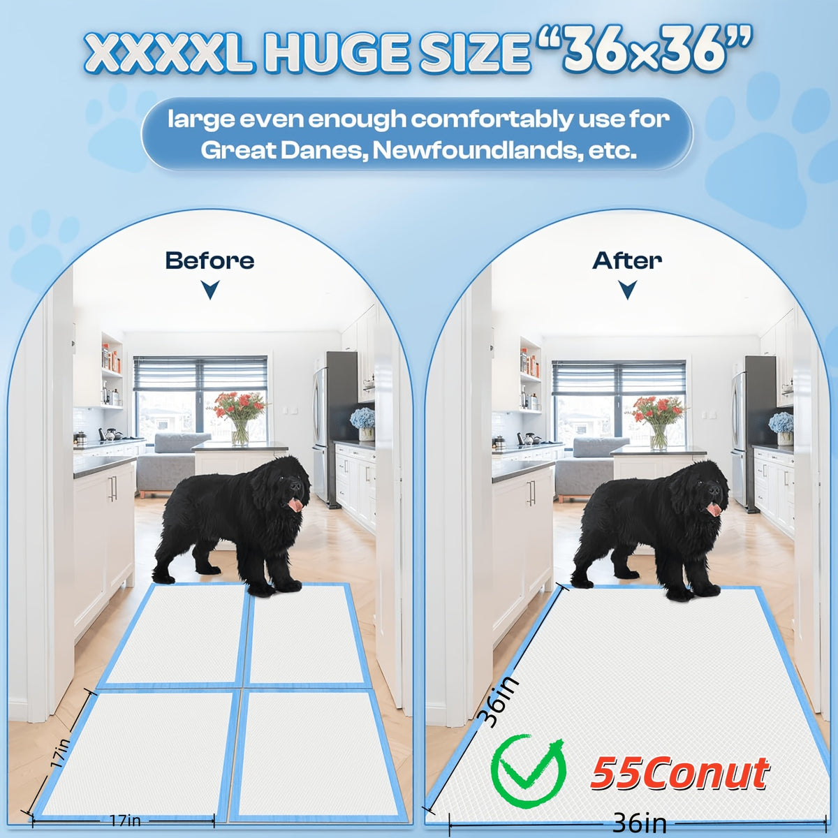 Dog Pee Pads 36 x 36 Inches, 55 Count Extra Large Six-Layer Disposable Puppy Potty Training Pads with Soft Nonwoven Surface for Home and Crates