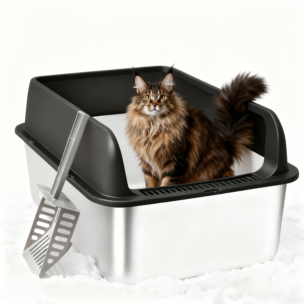 Stainless Steel Sifting Litter Box with High Sides and Buckle-Secured Lid, Pellet Cat Litter Pan with Scoop and Anti-Slip Stickers for Indoor Cats