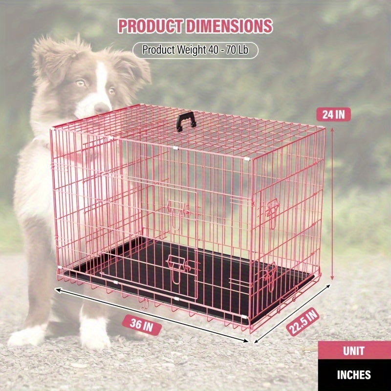 Foldable Dog Crate with Divider Panel, Metal Wire Pet Kennel with Plastic Pan in 18, 24, 30 or 36 Inch Length Options, Black, Blue and Pink Styles