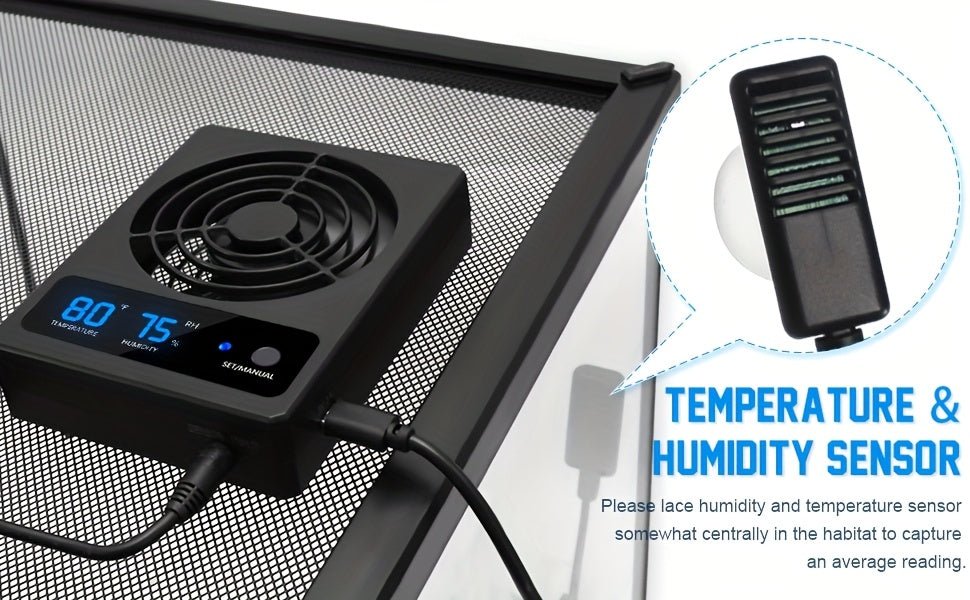 Reptile Climate Controller with Digital Thermometer and Hygrometer, Automatic Dehumidifying Ventilation Fan and High-Temperature Alarm for Terrariums