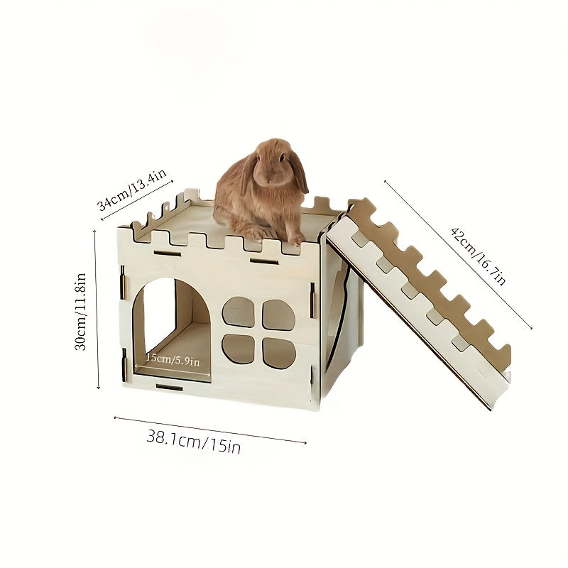 Wooden Rabbit Castle Hideout with Detachable Interlocking Design, Small Animal House for Indoor Habitat Enrichment, Hiding and Exploration