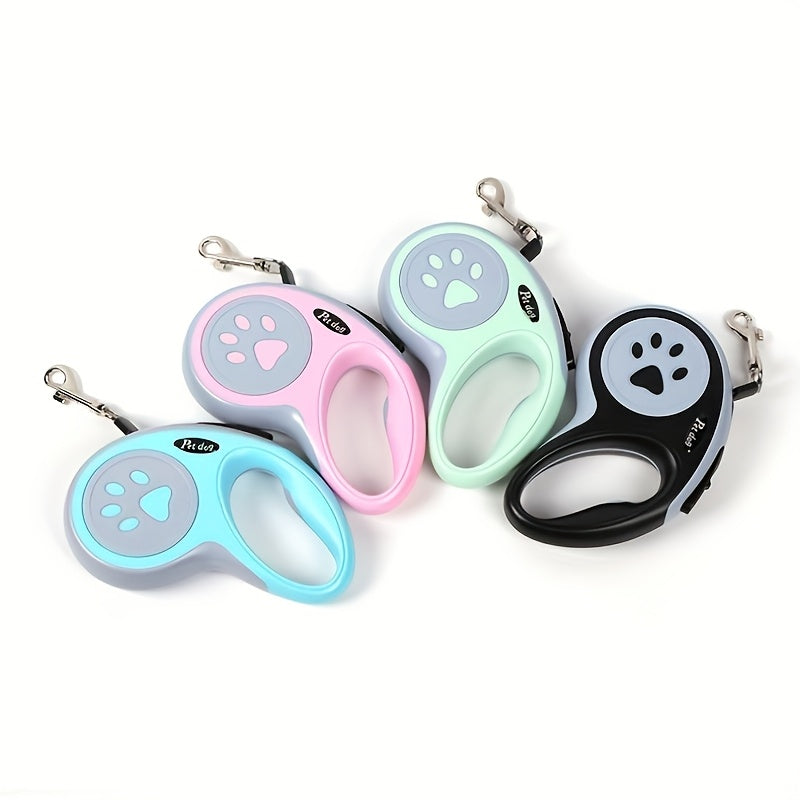 Paw Print Retractable Pet Leash 3m, Portable Walking Lead for Cats and Dogs with 4 Bells, Blue Green Pink or Black for Everyday Outdoor Walks