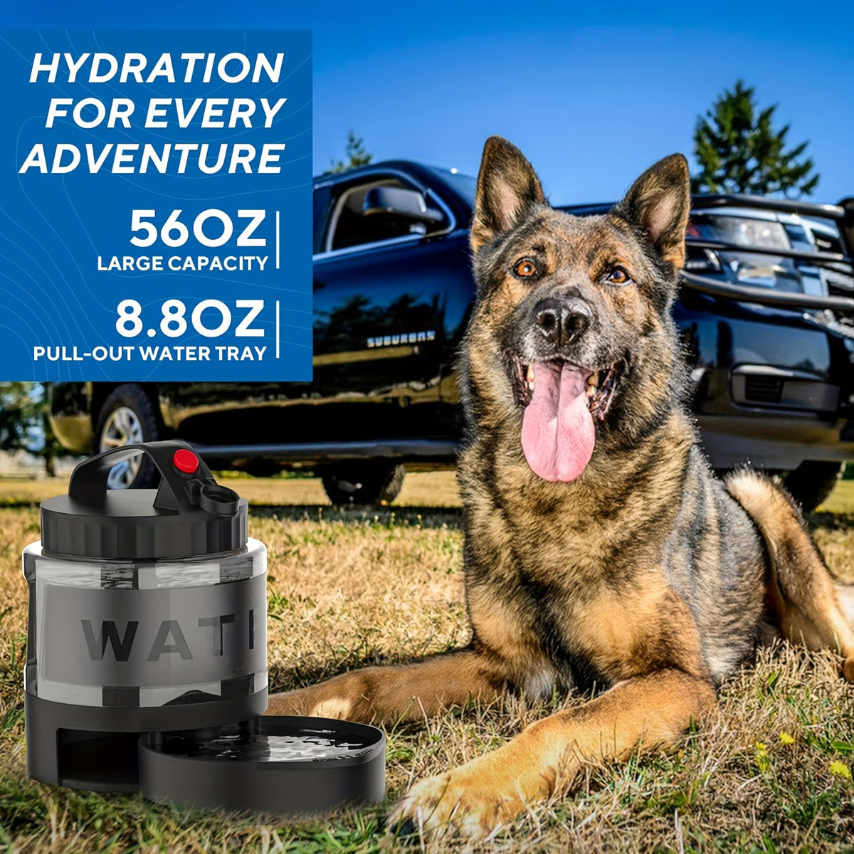 Large Capacity Dog Water Bottle, 54 oz BPA-Free Portable Pet Water Dispenser in Black for Hiking, Camping, Road Trips and Dog Park Visits