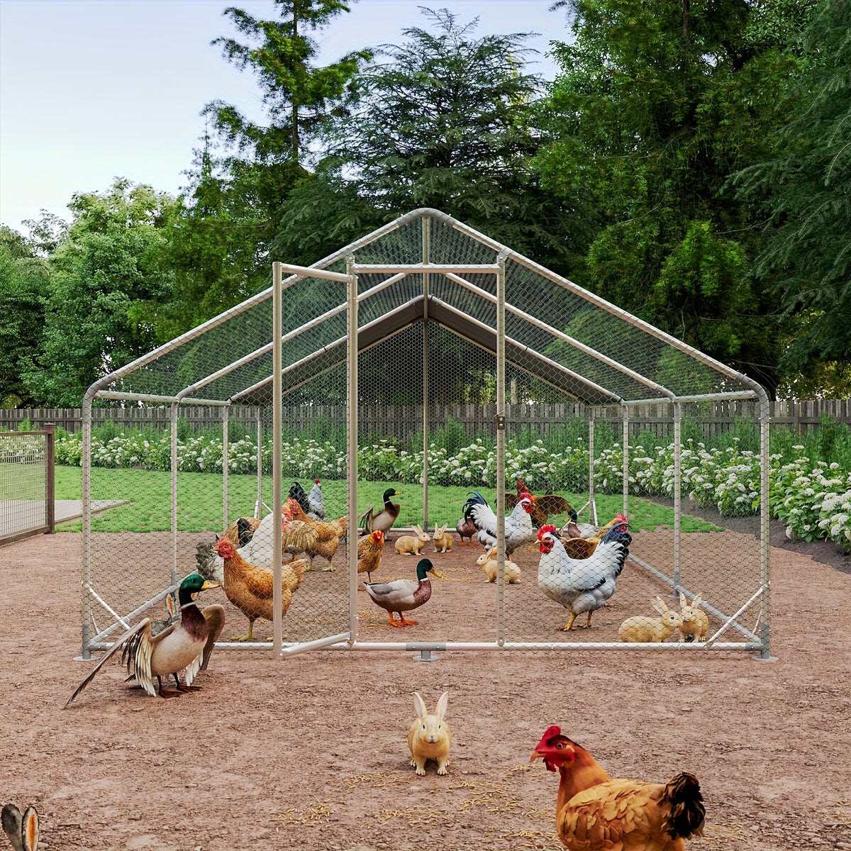 Chicken Coop with Winter Wrap Cover, Walk-In Galvanized Metal Poultry Run with Lockable Door for Backyard Hens and Ducks, White Size Options