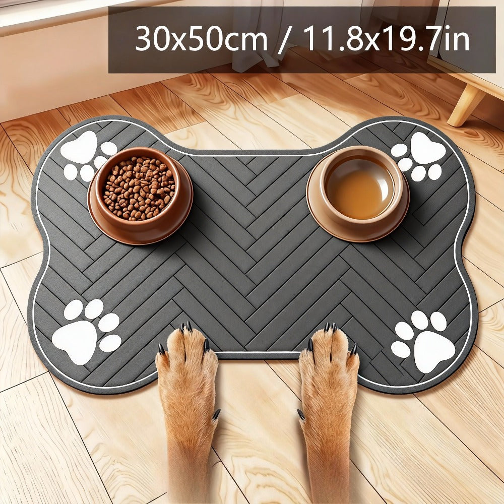 Dog Bowl Mat with Rubber Backing, Absorbent Non-Slip Pet Feeding Pad for Cat and Dog Food and Water Bowls, Two Sizes and Three Footprint Styles