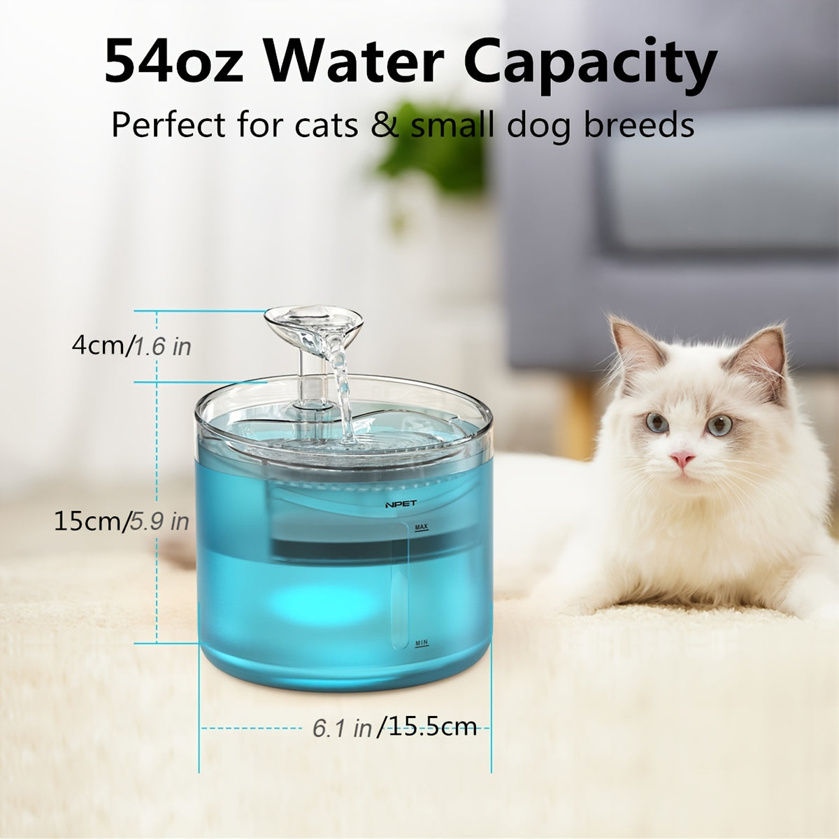Cat Water Fountain with LED Light, 54oz 1.6L Quiet Triple-Filtered Pet Drinking Dispenser with 200ml Emergency Lid for Indoor Cats and Small Dogs