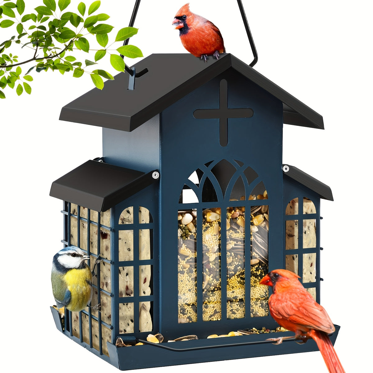 Vintage Metal Bird Feeder for Outside, Triple Mesh Seed Feeding Areas with Hanging Chains and Decorative Window Cut-Outs for Backyard Birdwatching