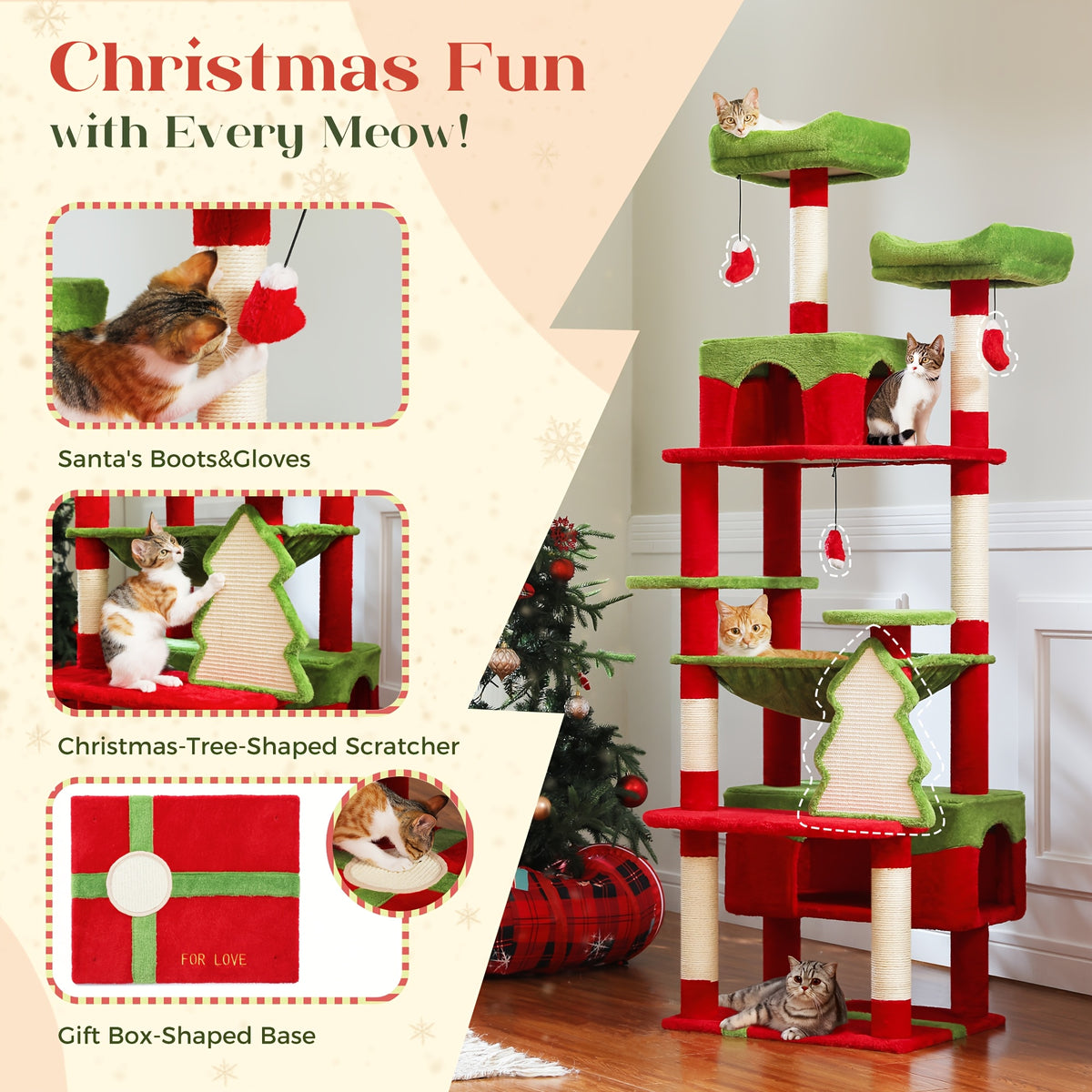 Cat Tree with Eight Levels, 72 Inch Indoor Cat Tower with Spacious Condo, Sisal Scratching Posts, Padded Perches and Basket for Rest and Play