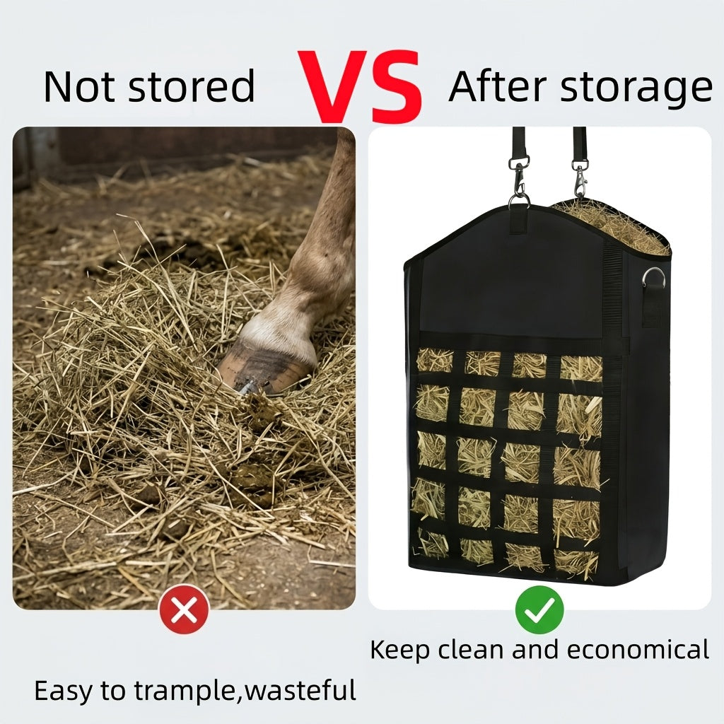 Hanging Hay Feeder Bag for Horses, Goats and Sheep, Open-Top Forage Holder with Grid Feeding Panel for Barn Stalls, Fences and Trailers