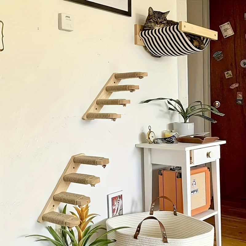Cat Wall Stairs with Four Rope-Wrapped Steps, Solid Wood Wall-Mounted Climbing Ladder for Indoor Cat Routes and Space-Saving Furniture Layouts