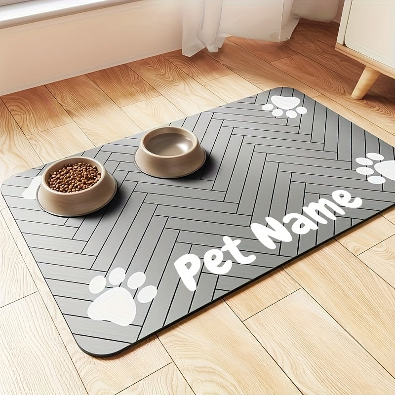 Paw Print Pet Feeding Mat, Light Gray 11.81 x 15.75 Inch Absorbent Non-Slip Bowl Pad with Herringbone Design for Dog and Cat Food and Water Stations