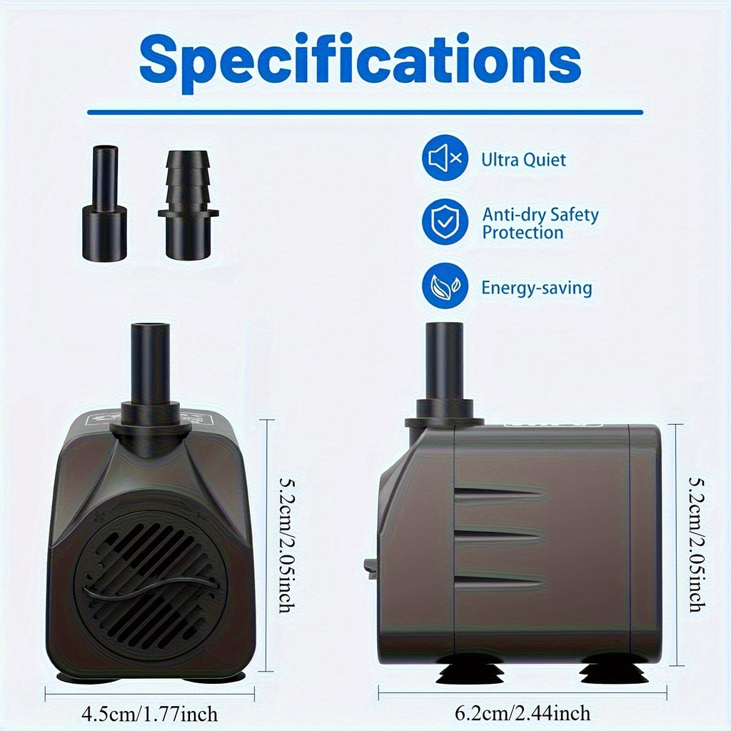 Submersible Aquarium Pump 10W with Adjustable Water Flow, Two Nozzles and Suction Feet, Compact Black Water Pump for Fish Tanks and Fountains