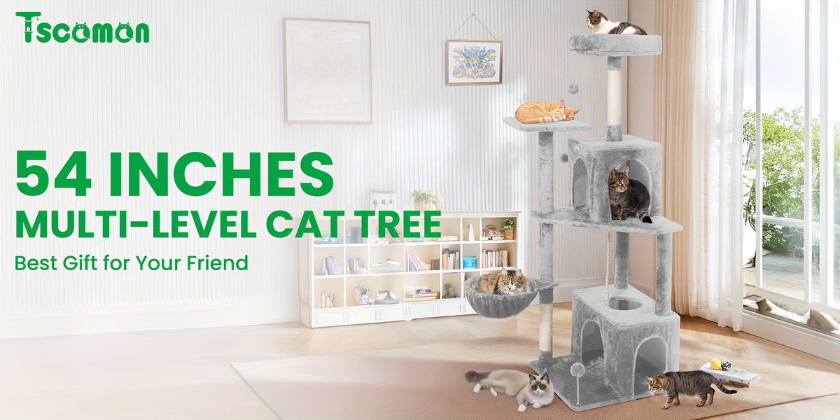 Cat Tree Tower with Condos and Hammock, TSCOMON Indoor Cat Furniture with Sisal Scratching Posts, Top Perches and Pompom Toys for Play and Rest