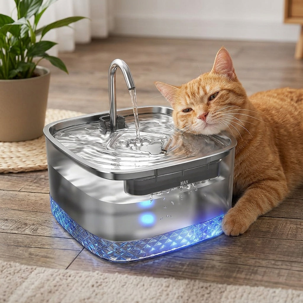 Cat Drinking Fountain 2.2L with Stainless Steel Lid and LED Light, Quiet Automatic Pet Water Dispenser for Indoor Cats and Small Dogs, Filter Bundle Options