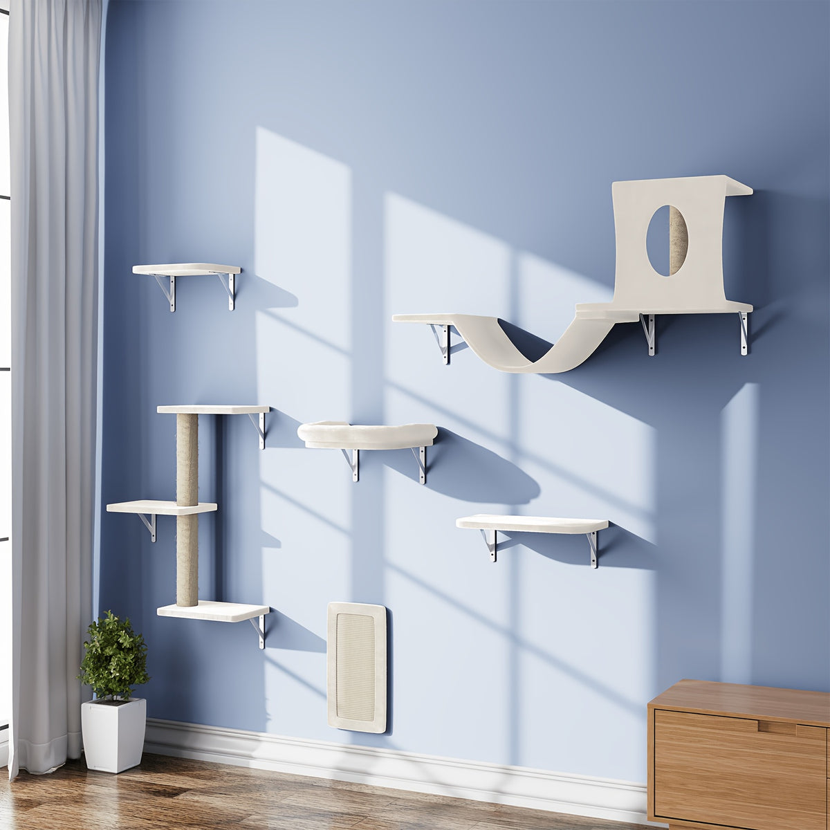 Cat Climbing Wall Shelves Set, Wall-Mounted Indoor Cat Furniture with Condo, Scratching Post, Bridge Ladder and Tunnel for Play and Rest