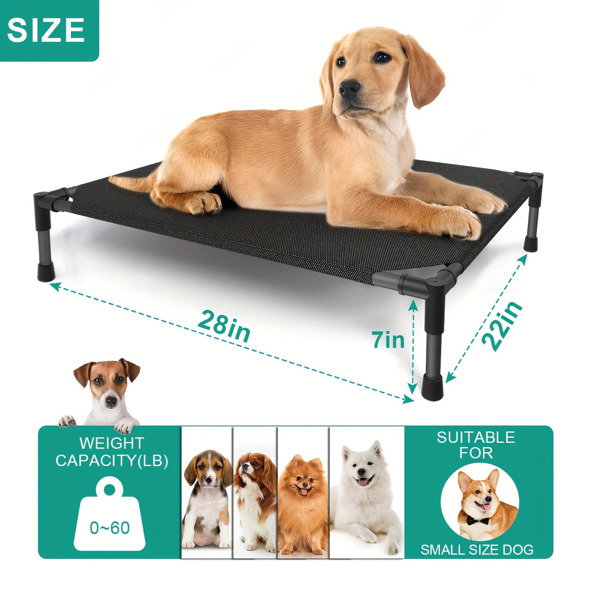 Elevated Dog Bed for Large Dogs, Cooling Outdoor Dog Cot with Breathable Mesh, Tool-Free Assembly Washable Raised Pet Bed with Anti-Slip Feet for Indoor and Outdoor Use, Portable Camping Cot for Summer
