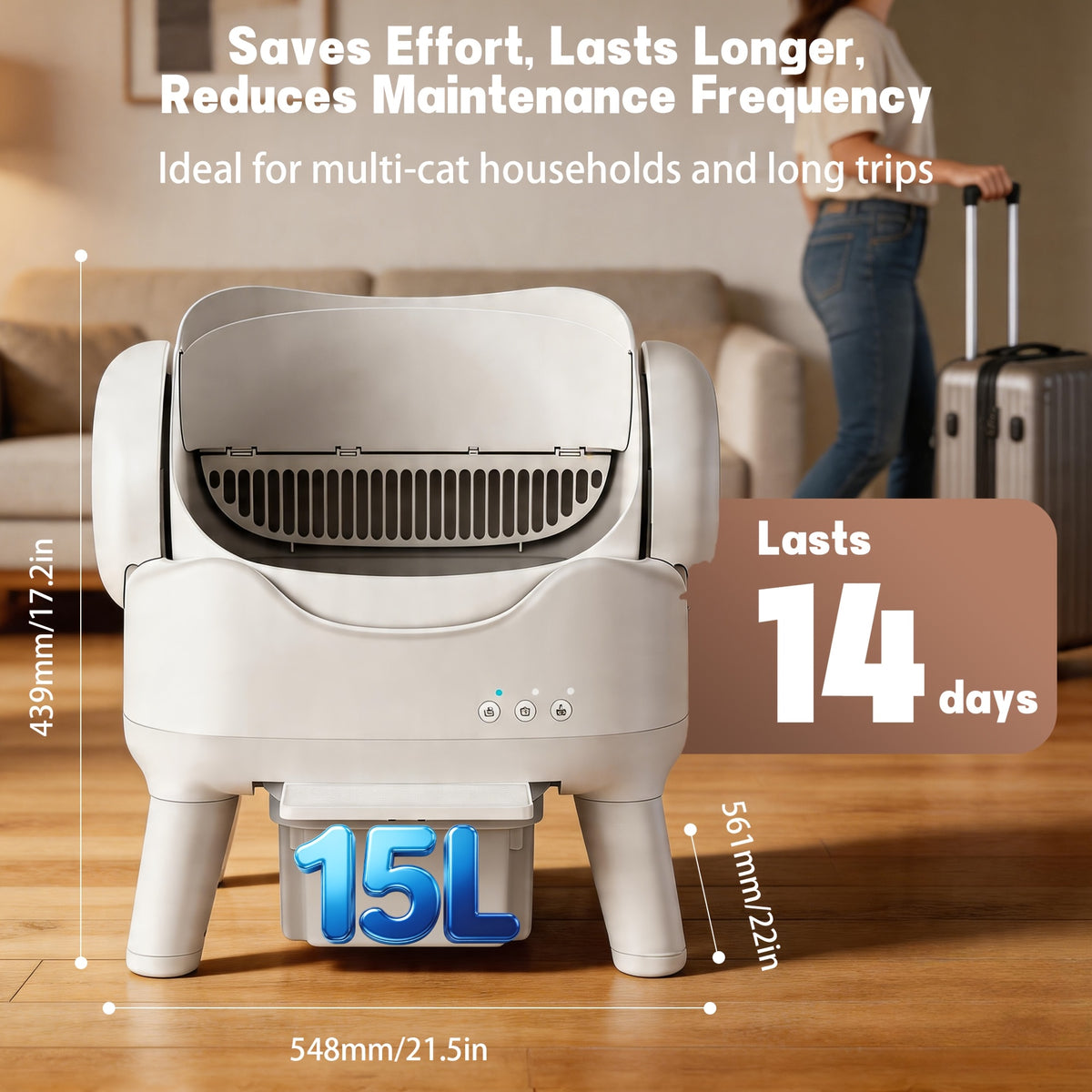 Open Top Self Cleaning Litter Box in White, Automatic Cat Toilet with High Sides, Low Noise Operation and 3.96 Gallon Waste Drawer