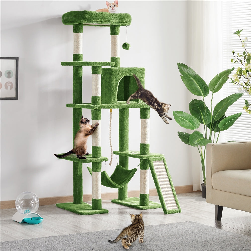 Cat Tree 63 Inch in Green, Multi-Level Indoor Cat Tower with Plush Condos, Hammock, Elevated Perches and Sisal Scratching Posts