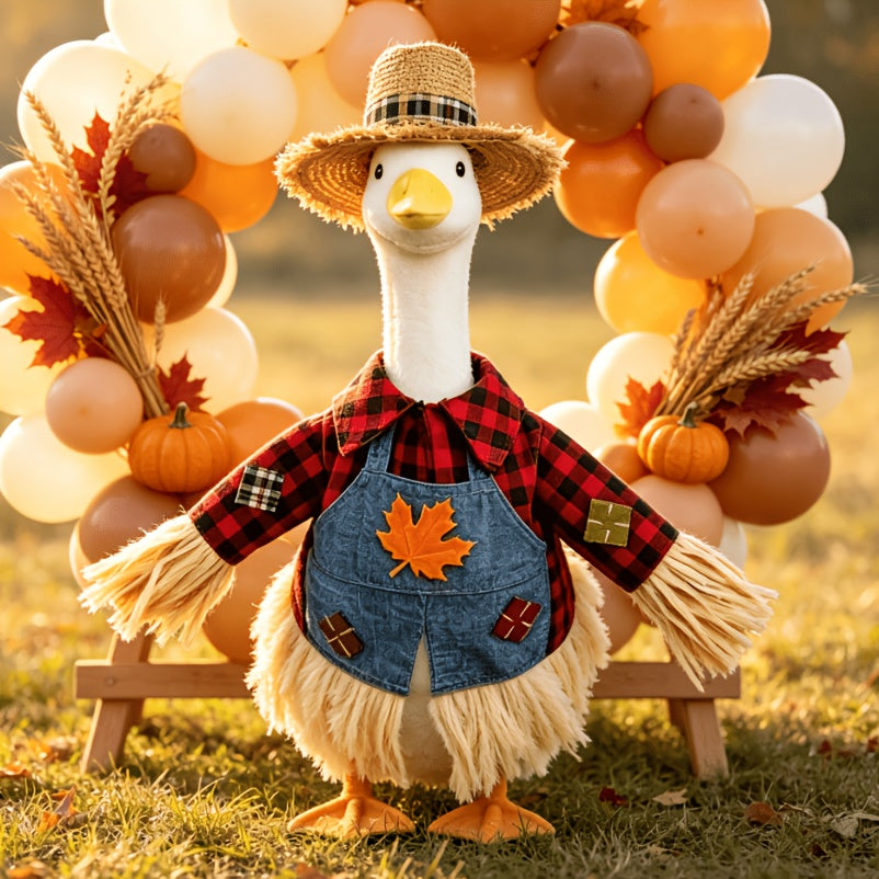 Thanksgiving Porch Goose Outfit for 23-Inch Statues, Scarecrow Costume with Red Plaid Shirt, Maple Leaf Denim Suspenders and Straw Hat