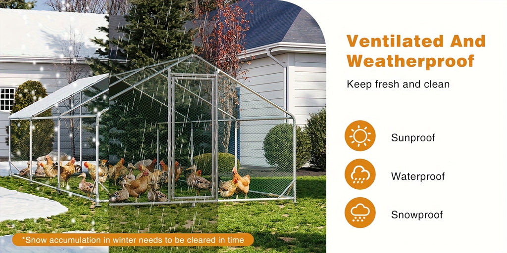 Chicken Coop with Winter Wrap Cover, Walk-In Galvanized Metal Poultry Run with Lockable Door for Backyard Hens and Ducks, White Size Options