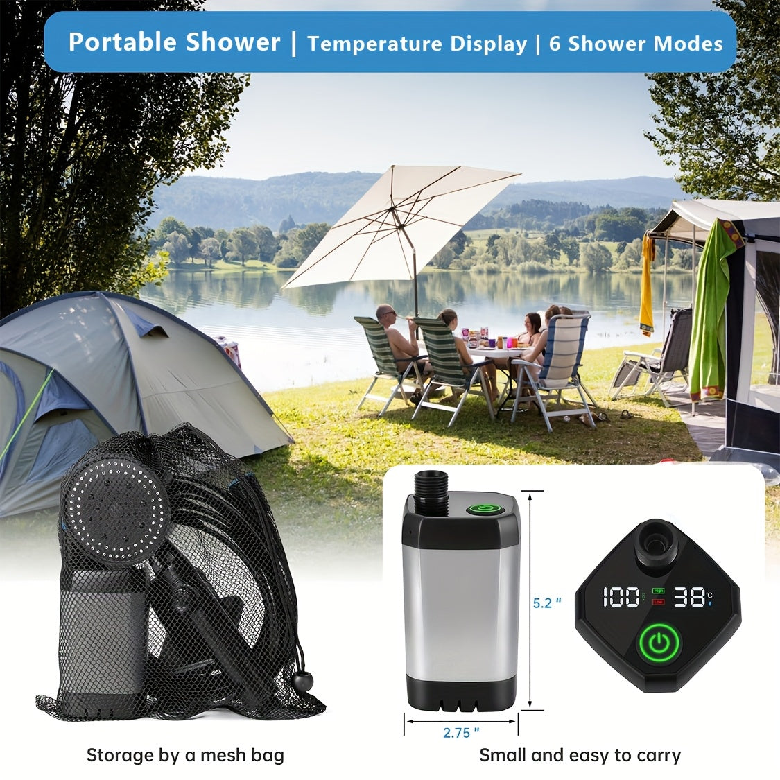 Portable Pet Shower with Temperature Display, 6000mAh Rechargeable Dog Bathing Set with Adjustable Spray and Detachable Shower Head for Home and Travel