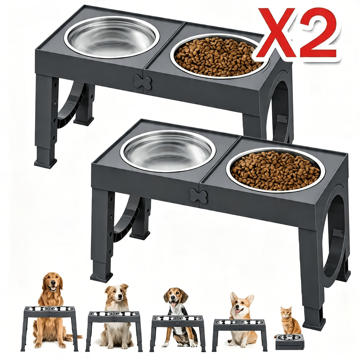 Elevated Dog Bowls Feeding Station with 9, 11, 12 and 14 Inch Adjustable Heights, Raised Food and Water Stand for Medium and Large Dogs