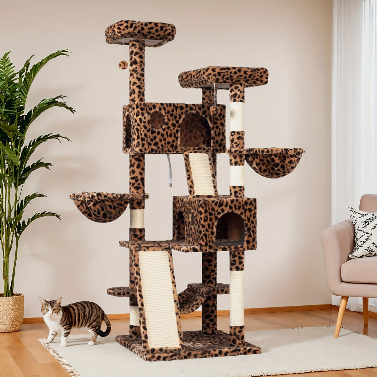 65 Inch Cat Tree Tower for Indoor Cats, Multi-Level Plush Cat Condo with Basket Beds, Hammock, Sisal Scratching Posts and Wide Base, Six Color Options