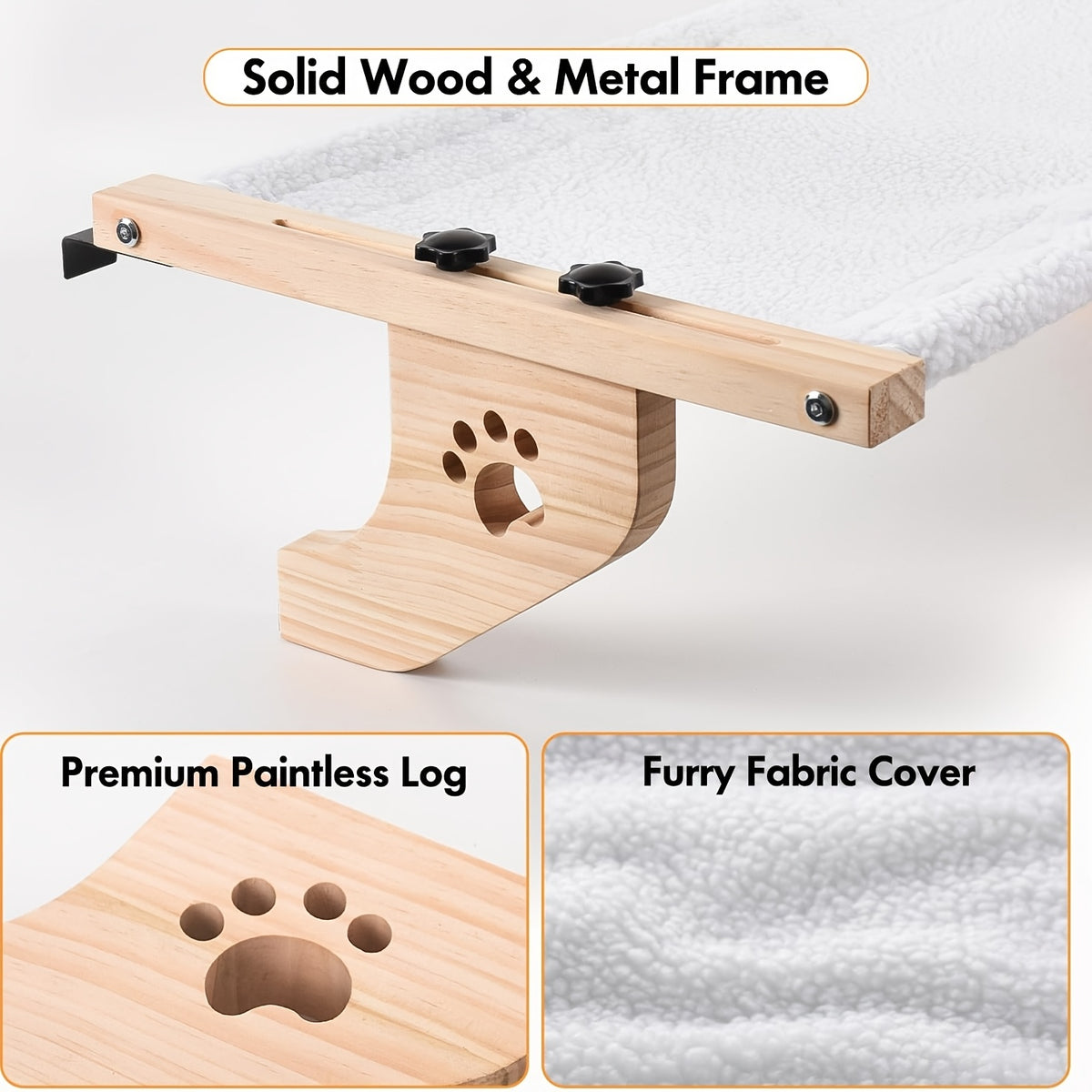 Cat Window Perch with Adjustable Wood and Metal Frame, Indoor Cat Hammock for Compatible Windowsills, Bedsides, Drawers and Cabinets