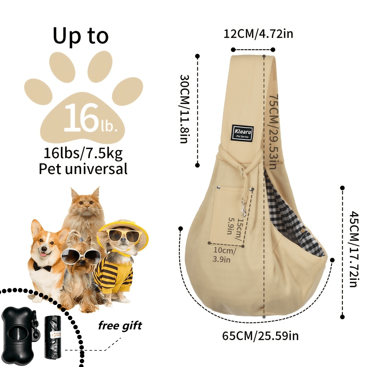 Crossbody Pet Carrier Sling for Dogs and Cats, Lightweight Breathable Foldable Travel Bag with 15 Poop Bags and Dispenser for Everyday Outings