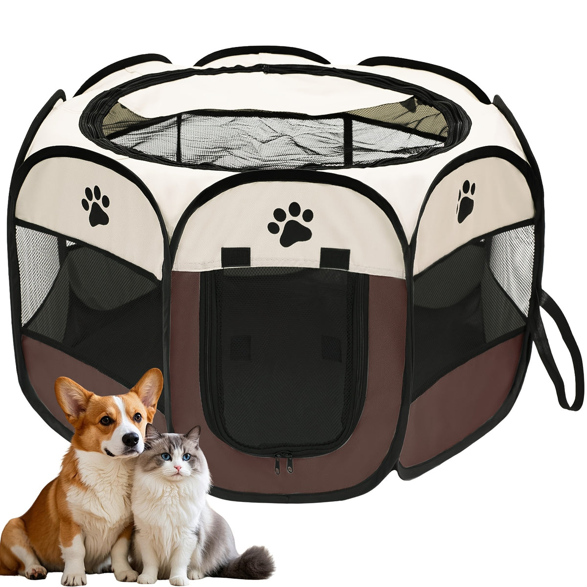 Collapsible Pet Playpen with Mesh Windows and Removable Zipper Top, Octagonal Oxford Fabric Enclosure for Dogs and Cats, Gray or Brown Indoor Outdoor Pen