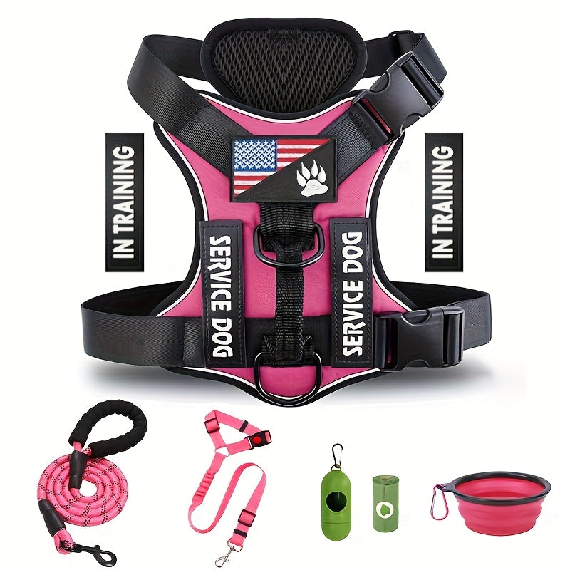 No Pull Dog Harness with 5 PCS Patches, Adjustable Dog Vest Harness and Leash Set with Dog Seat Belt, Collapsible Bowls and Poop Bag Dispenser for Training Walking Hiking
