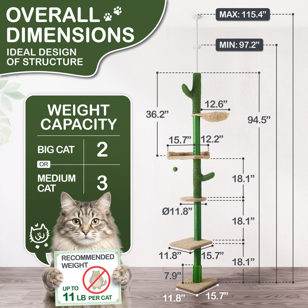Floor to Ceiling Cat Tree with Hammock, Adjustable Cactus Cat Tower with Sisal Scratching Post, Faux-Fur Platforms and Interactive Playball for Indoor Cats